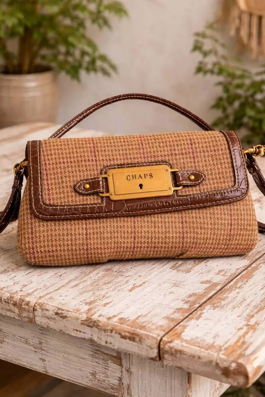 Chaps Plaid Tweed Crossbody Purse with Croc-Embossed Faux Leather Trim